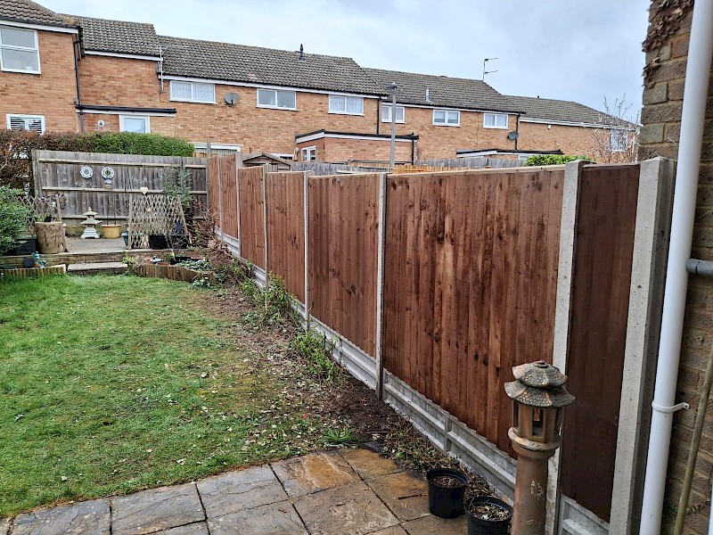 Well-maintained backyard with a freshly mowed lawn, bordered by a hedge and brick house, ideal for showcasing lawn care and gardening services.